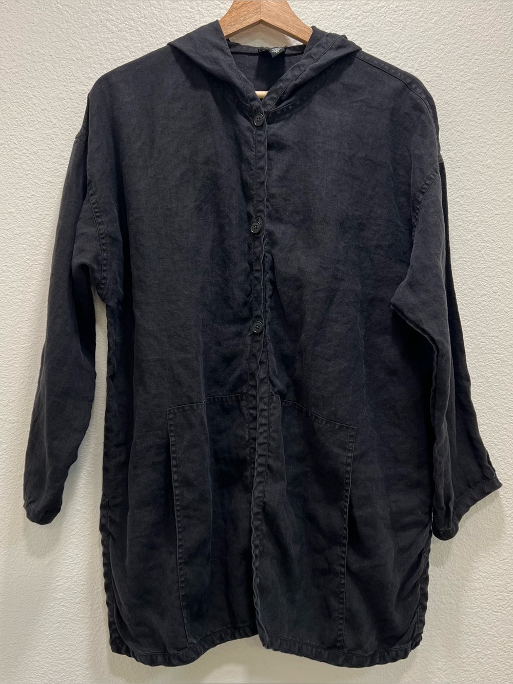 Eileen Fisher Irish Linen Hooded 3 Button Jacket Womens Medium Boxy Lagenlook